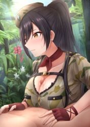 1boy bangs beret black_hair blush breasts brown_gloves camouflage camouflage_shirt cleavage collarbone female fingerless_gloves flower forest gloves green_shirt hair_between_eyes hat high_ponytail highres idolmaster idolmaster_shiny_colors kata2yama large_breasts long_hair nature paizuri paizuri_under_clothes penis ponytail red_scarf scarf shirase_sakuya shirt straight tree yellow_eyes