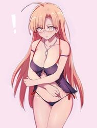 big_breasts breasts exclamation_point glasses higata_akatsuki lingerie marie_azami necklace negligee pink_background pink_hair pubic_hair_peek suppose_a_kid_from_the_last_dungeon_boonies_moved_to_a_starter_town tatoeba_last_dungeon_mae_no_mura_no_shounen_ga_joban_no_machi_de_kurasu_youna_monogatari yellow_eyes