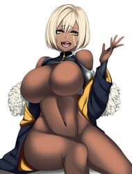 1girls belly belly_button big_breasts blonde_hair breasts camui_kamui_(hz_666v) dark-skinned_female dark_skin featureless_breasts female female_only huge_breasts large_breasts open_mouth original scar_across_eye seductive short_hair sleeveless solo thin thin_waist voluptuous