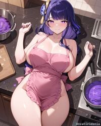 ai_generated anzatiridonia apron areola_slip bad_food blush countertop genshin_impact kitchen large_breasts light_smile nail_polish naked_apron on_back purple_eyes purple_hair purple_nails raiden_shogun single_braid