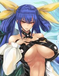 1girls bare_shoulders blue_hair breasts detached_sleeves dizzy_(guilty_gear) fingernails gond guilty_gear hand_on_breast large_penis looking_at_viewer mature_female milf nail_polish red_eyes seductive solo twintails