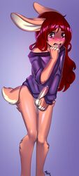 anthro artist_request blush fur furry genitals girly highres lagomorph lauren_aza leporid male mammal penis rabbit red_hair sweater tan_body tan_fur topwear