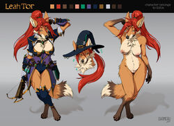 2021 anthro breasts canid canine clothing crossbow fantasy female fox hair hat headgear headwear leah_tor_(elfox) long_hair looking_at_viewer magic_user mammal model_sheet nipples nude potion red_hair shamerli solo spellbook thigh_gap weapon witch witch_hat