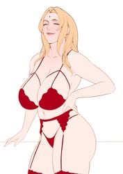 1girls big_breasts blonde_hair bra breasts cleavage commentary eyeshadow facial_mark forehead_mark hand_on_hip heart heart-shaped_pupils highres huge_breasts jnsdh large_breasts lingerie lips looking_at_viewer makeup mature mature_female medium_hair naruto naruto_(series) naruto_shippuden nose panties red_bra red_legwear red_panties sketch smile smug solo spaghetti_strap standing symbol-shaped_pupils symbol_commentary thighhighs tsunade underwear