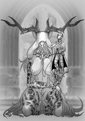 2021 absurd_res anthro antlers bandage beast_(bloodborne) bloodborne booohira breasts cane claws collar domination duo female fromsoftware genitals hi_res horn human hunter_(bloodborne) larger_anthro larger_female leash male male_domination mammal nipple_piercing nipples piercing pussy simple_background size_difference smaller_human smaller_male sony_corporation sony_interactive_entertainment spiked_collar spikes submissive submissive_female vicar_amelia video_games