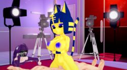 3d_(artwork) alternate_breast_size animal_crossing ankha ankha_ride_(minus8) anthro bed big_breasts blackflames3 blue_hair blue_mascara blue_nipples breasts camera cowgirl_position digital_media_(artwork) domestic_cat duo felid feline felis female fur furniture hair hi_res humanoid light lighting male male/female mammal nintendo nipples video_games yellow_body zone-tan