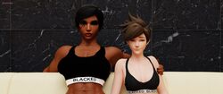 2girls 3d 3d_(artwork) black_hair blacked blacked_clothing brown_hair dark-skinned_female dark_skin face_tattoo female female_only hand_on_shoulder large_breasts overwatch pale-skinned_female pharah salamandraninja short_hair tracer