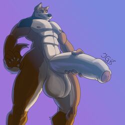 1:1 absurd_res anthro big_penis canid canine canis furry genitals hi_res huge_cock justagoodboy macro male male_focus male_only mammal muscular muscular_male no_humans penis simple_background solo standing wolf