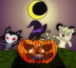 anthro bear canine catalina_darion confident evil_grin evil_smile feline halloween halloween_costume lord_kross_(artist) presenting_pussy pumpkin pussy skullcat_(sar) source_request super_animal_royale tagme witch witch_hat zombie