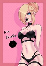 1girls arms_behind_back black_bra black_lipstick black_panties blonde_hair blue_eyes bra breasts choker cleavage cyan_eyes ear_piercing english_text goth gothified hair_bun hair_over_one_eye lipstick lipstick_mark looking_at_viewer makeup mario_(series) nintendo panties piercing pink_background princess_rosalina short_hair simple_background skindentation smile solo standing super_mario_galaxy text thigh_strap thighs tied_hair tulipsie