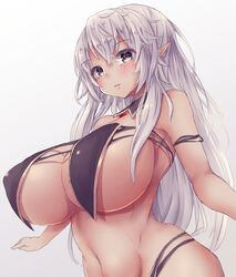 bikini dark-skinned_female dark_elf dark_skin huge_breasts long_hair original pointy_ears sideboob silver_hair underboob white_background yuuki_shuri