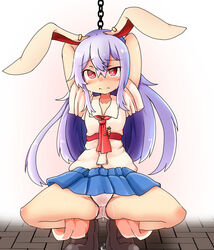 animal_ears arms_behind_head arms_up blush bondage bunny_ears cameltoe panties purple_hair pussy_juice pussy_juice_drip red_eyes reisen_udongein_inaba saliva spread_legs squatting sweat tears touhou wet_panties white_panties yagi_paranoia