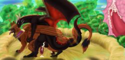 all_fours anal avian beak bodily_fluids breath cum doggy_style dragon duo feathers feral from_behind_position genital_fluids genitals gryphon hi_res horn internal male male/male mythological_avian mythology nest outside panting penis scalie sex sunny wings
