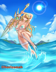 1girls amber_eyes armpits bikini blonde_hair horizonah221 huge_breasts huge_sword mythra nintendo ocean super_smash_bros. sword thigh_strap voluptuous xenoblade_(series) xenoblade_chronicles_2