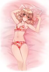 1girls blush breasts brown_eyes drawfag female fire_emblem fire_emblem_echoes:_shadows_of_valentia genny_(fire_emblem) highres lingerie looking_to_the_side nintendo on_back on_bed pillow pink_hair small_breasts solo solo_female thighs underwear