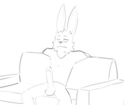 anthro chilling clothed clothing erection fur furniture jcfireescape lagomorph leporid male mammal partially_clothed rabbit reagan_(yeahhotel) relaxing sitting sofa solo