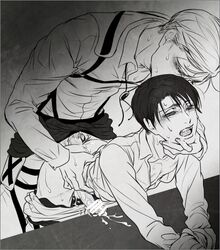 2boys anal anal_sex attack_on_titan bent_over black_and_white bodily_fluids bolo_tie censored censored_penis clothing cum cum_while_penatrated drool drooling erwin_smith gay genital_fluids genitals harness levi levi_ackerman male male/male male_only multiple_boys multiple_males penetration penis penis_in_ass shingeki_no_kyojin sweat uniform yaoi