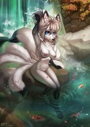 amur_carp anthro black_tail_tip blue_eyes breasts canid canine carp cerbera cyprinid cypriniform eyelashes female fish fox fur furry genitals hair_up highres kagami_suki koi mammal marine multiple_tails nipples outdoors partially_submerged pink_nipples pink_pussy plant pussy shaded signature sitting solo text typical_carp water waterfall white_fur white_hair