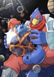 2021 absurd_res anthro avian balls bird bodily_fluids bottomwear clothing destruction falco_lombardi genital_fluids genitals hi_res macro male male_only moon nintendo pants penetration penis planet planet_penetration precum sex sharkinn space star_fox video_games