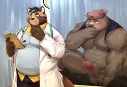 2021 anthro balls blush bodily_fluids bottomwear brown_body brown_fur canid canine censored clothing detailed_background doctor duo erection fur genitals hat headgear headwear humanoid_hands kemono male mammal medical_instrument musclegut overweight overweight_male pants penis raccoon_dog scientific_instrument shirt shirt_pulled_behind_neck solo sweat tanuki topwear uken_l ursid