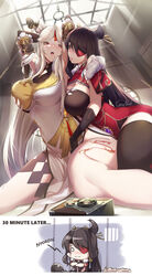 2girls armpits arms_up beidou_(genshin_impact) bondage breast_grab breasts chains cleavage dress eyepatch female female_only fingering gainoob genshin_impact grabbing_from_behind groping groping_breasts highres horny_jail large_breasts multiple_girls ningguang_(genshin_impact) prison restrained thick_thighs thighhighs tongue tongue_out yuri