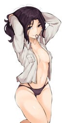 1girls arms_up attack_on_titan black_eyes black_hair black_panties cameltoe cleavage female female_only gongtak hair_tie hands_behind_head happy looking_at_viewer loose_clothes medium_hair midriff open_shirt pieck_finger skindentation smile standing thighs