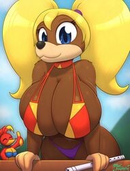 2girls 4_fingers avian avian_humanoid banjo-kazooie bear bear_humanoid big_ass big_breasts big_thighs bikini bikini_bottom bikini_top blonde blonde_hair blue_eyes breasts brown_fur cute female furry huge_breasts kazooie large_breasts looking_at_viewer miso_souperstar nintendo pigtails rareware red_feathers source_request tagme thick_thighs tooty top_heavy twintails ursid ursid_humanoid ursine ursine_humanoid wide_hips