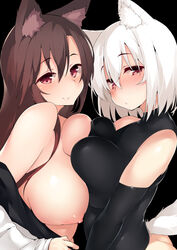 2girls blush blushing_at_viewer bottomless bottomless_female breast_to_breast brown_hair female female/female female_focus female_only fluffy_ears kagerou_imaizumi light-skinned_female long_hair looking_at_viewer looking_to_the_side medium_hair momiji_inubashiri multiple_girls simple_background terazip topless topless_female touhou upper_body wolf_ears wolf_girl yuri