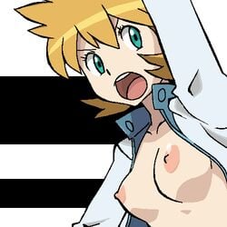 1girls breasts breasts_out brown_hair bust_portrait gomatarou green_eyes jacket kasumi_(pokemon) looking_at_viewer medium_breasts misty_(pokemon) misty_(pokemon_hgss) nintendo nipples open_mouth pointy_chin pokemon pokemon_hgss short_hair simple_background solo