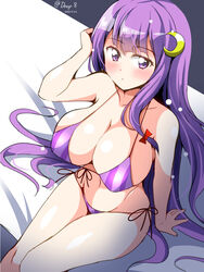 1girls alternate_breast_size bikini bikini_bottom bikini_top blush blushing_at_viewer breasts deego_(omochi_bazooka) female female_focus female_only long_hair looking_at_viewer nipple_bulge patchouli_knowledge purple_eyes purple_hair solo solo_female swimsuit touhou very_long_hair witch