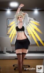 1girls 3d alternate_costume black_skirt blacked blacked_clothing bracelet choker currysfm female female_only mercy miniskirt overwatch pencil_skirt skirt solo solo_focus stretching tight_skirt