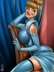 1girls artist_logo big_breasts blonde_hair blue_eyes breasts cartoonreality.com choker cinderella_(1950_film) cinderella_(disney) clothed disney disney_princess dress female female_only female_protagonist gloves human long_gloves princess_dress rubber_dress sitting solo solo_female stockings