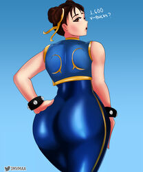 1girls ass ass_focus ass_grab backview big_ass big_butt blue_background bracelet braid braided_hair brown_eyes brown_hair capcom chun-li chun-li_(fortnite) clothed clothes clothing double_bun female female_only fortnite hand_on_ass hips jmvmaa latex leotard looking_at_viewer looking_back muscles open_mouth ribbon ribbons solo solo_female spiked_bracelet street_fighter street_fighter_alpha thick_thighs thighs tight_clothing video_games wide_hips