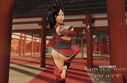 1girls 3d asian asian_female ass bare_ass bare_shoulders barefoot breasts crisisbeat disney disney_princess exposed_ass fa_mulan female female_only hourglass_figure huolong_(princess_quest) light-skinned_female light_skin looking_at_viewer looking_back martial_artist medium_breasts mulan panties princess_quest solo solo_female voluptuous