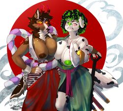 2girls anthro areolae big_breasts blush breasts breasts_out busty canine cleavage cosplay dalmatian embarrassed enf female female_only furry gabe_(frenchy_gabe) hakama huge_breasts hyu_(hyucaze) hyucaze japanese_clothes large_breasts looking_at_viewer nipples one_piece roronoa_zoro rule_63 sword topless weapon yamato_(one_piece)