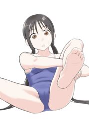 10s asobi_asobase barefoot black_hair blue_swimsuit breasts brown_eyes cameltoe eyebrows_visible_through_hair female highres honda_hanako long_hair one-piece_swimsuit open_mouth school_swimsuit sherpa sitting small_breasts soles solo swimsuit thighs toes twintails very_long_hair white_background