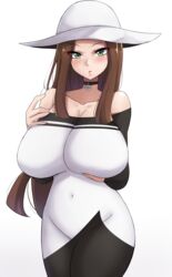 beauty_(pokemon) beauty_(pokemon_masters) blush brown_hair choker clothed dress female fully_clothed green_eyes hat huge_breasts human large_breasts long_hair mistynight navel npc_trainer pokemon pokemon_masters