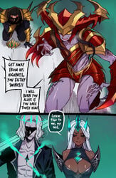 2021 2boys 2girls comics dark-skinned_female dark_skin jarvan_lightshield_iv karma_(league_of_legends) league_of_legends mind_control mr.skull page_17 ratatatat74 riot_games ruination_(comic) ruined_karma ruined_king_symbol ruined_makeup shyvana text the_ruined_king_saga viego_(league_of_legends) white_hair