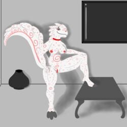 1:1 alicethedeer anthro dragon eye_contact eyebrows eyelashes eyeshadow female furniture genitals half-closed_eyes hand_on_hip hi_res home looking_at_another makeup narrowed_eyes raised_leg red_body red_eyes red_skin solo table television traditional_media_(artwork)