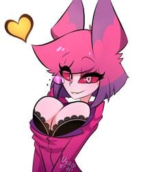 1girls alastor_(hazbin_hotel) alastoria_(hazbin_hotel) animal_ears cleavage female_alastor_(hazbin_hotel) hazbin_hotel monocle pink pink_eyes pink_hair pink_sclera rule_63 simple_background smooth_skin solo_female tagme usagi_star vivienne_medrano