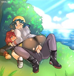 1boy 1girls big_ass blue_hair bubble_butt clothed coca cowgirl_position kris_(pokemon) looking_back nintendo pokemon pokemon_gsc red_hair silver_(pokemon) voluptuous wide_hips