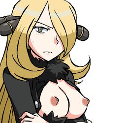 blonde_hair blush breasts breasts_out bust_portrait champion cynthia_(pokemon) female game_freak gomatarou grey_eyes looking_at_viewer lowres nintendo nipples one_eye_covered pointy_chin pokemon pokemon_(game) pokemon_champion pokemon_dppt white_background