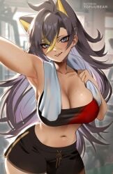 1girls 2d armpits black_hair blue_eyes cleavage dark-skinned_female dark_skin dehya_(genshin_impact) genshin_impact large_breasts looking_at_viewer midriff selfie shorts sports_bra sportswear sweat tofuubear towel