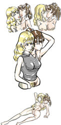 2girls artist_request blonde_hair brown_hair clothed conjoined conjoined_kiss gray_clothing hand_behind_head multiple_girls naked nude_female ponytail pose posing saliva saliva_trail tank_top two_tone_pubic_hair white_background yuri