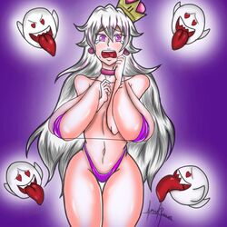 1girls big_breasts boo_(mario) boosette breasts crown crying_with_eyes_open dilane93 female female_focus long_hair long_tongue looking_at_viewer luigi's_mansion mario_(series) micro_bikini new_super_mario_bros._u_deluxe simple_background standing thick_thighs tongue tongue_out very_long_hair white_hair