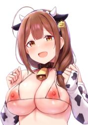 ahoge animal_ears bangs bare_shoulders bell blush braid braided_ponytail breasts brown_eyes brown_hair cai_geng cleavage collar collarbone cow_ears cow_horns cow_print cowbell cupless_bikini female hair_over_shoulder hairband highres horns idolmaster idolmaster_shiny_colors kuwayama_chiyuki large_breasts long_braid long_hair looking_at_viewer neck_bell nipples open_mouth pointy_chin simple_background smile white_background