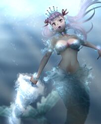 1girls battle_armor black_clover bra female female_only long_hair medium_breasts mermaid noelle_(mermaid_form) noelle_silva purple_eyes swimming twintails underwater water white_hair