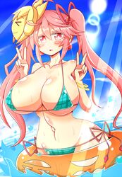 1girls afloat bikini bracelet breasts character_mask double_v groin hata_no_kokoro huge_breasts innertube jewelry lens_flare long_hair mask open_mouth pink_hair red_eyes rindou_(p41neko) sideboob solo swimsuit touhou twintails underboob v water wide_hips