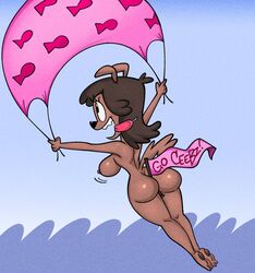 anthro ass back_view breasts brown_fur brown_hair dee_(majuv) dog_girl domestic_dog fish flag flag_between_buttocks flying happy holding_object_between_buttocks majuv nudity parachute