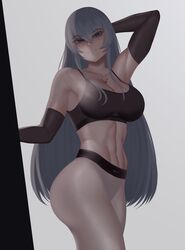 abs akame_ga_kill! arm_behind_head arm_up armwear ass black_armwear blue_eyes blue_hair collarbone esdeath_(akame_ga_kill!) eyebrows eyebrows_visible_through_hair eyelashes long_hair looking_at_viewer muscles muscular muscular_female nike pants simple_background sports_bra sportswear thighs white_pants white_yoga_pants yoga_pants zaki_btw